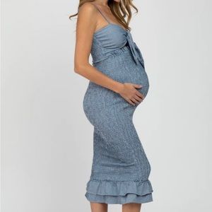 PinkBlush Blue Gingham Print Smocked Fitted Self-Tie Maternity Midi Dress
